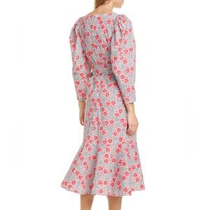 Rebecca Taylor- Coral Fleur Poplin Long Puff Sleeve Midi Dress